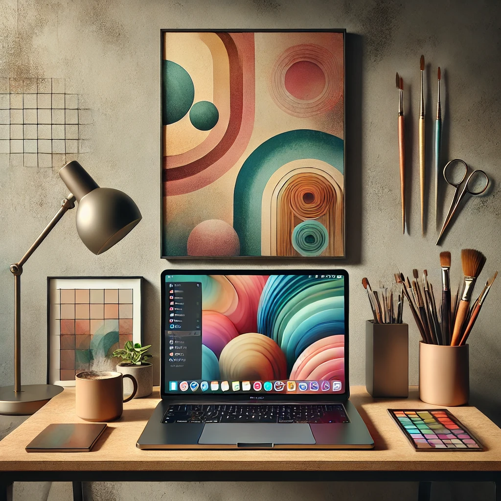 A PC with a colorful wallpaper on a creative background.