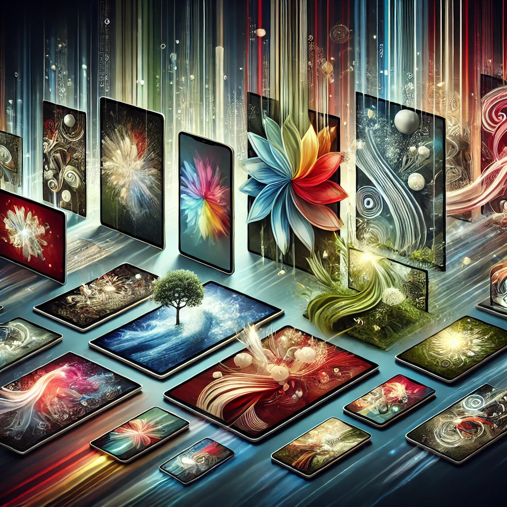 Image with laptop, tablets and mobile phones with different artistic wallpapers.