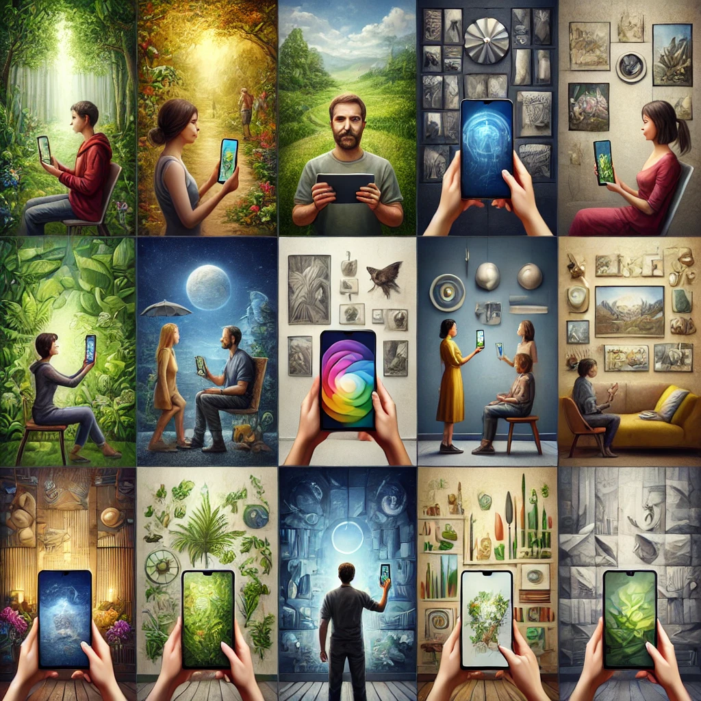 An image of a collage with different people using different devices with artistic wallpapers