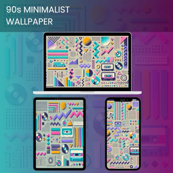 90s minimalist wallpaper featuring retro shapes and vibrant pastel colors.600