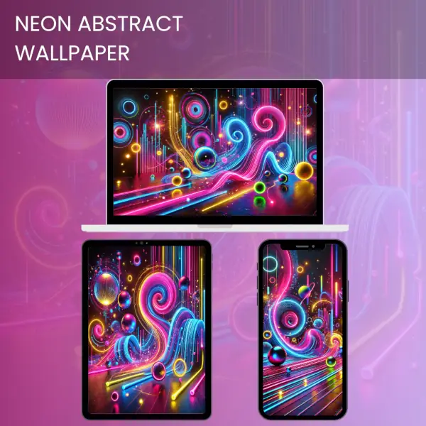 Neon abstract wallpaper with vibrant swirls, glowing spheres, and bold neon colors.600