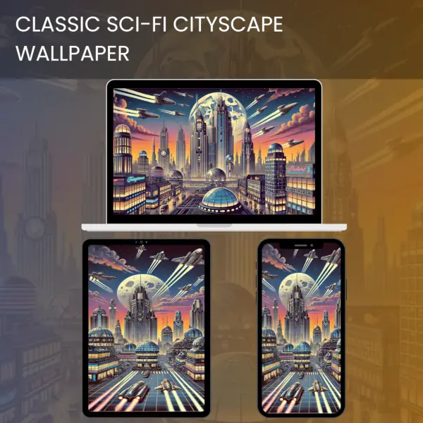Classic sci-fi cityscape wallpaper with futuristic skyscrapers and spaceships flying under twin moons.600v2