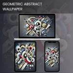 Dynamic geometric abstract wallpaper featuring colorful circles and shapes in a harmonious design.600