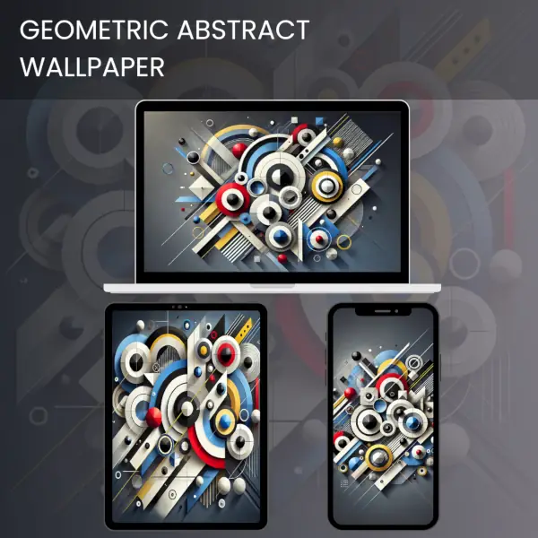 Dynamic geometric abstract wallpaper featuring colorful circles and shapes in a harmonious design.600