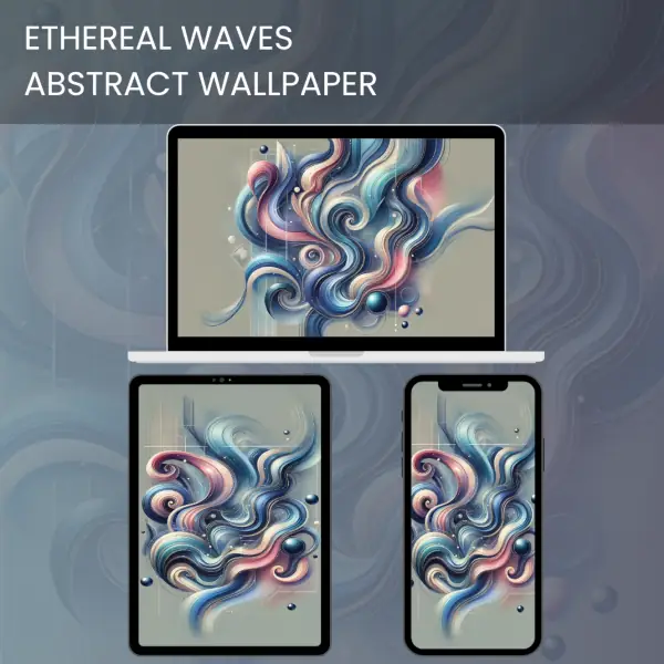 Abstract art wallpaper with ethereal waves in blue, pink, and beige tones, blending fluid shapes and soft gradients.600v2