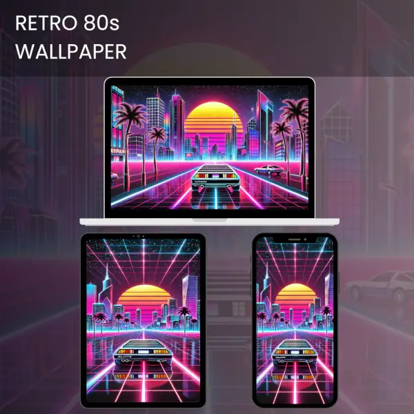 Retro 80s wallpaper featuring neon cityscape with futuristic cars and a glowing sunset.600v2