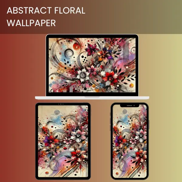 Abstract floral wallpaper with bold red and purple flowers, dynamic patterns, and swirling black lines, ideal for artistic and vibrant screen designs. 600x600v2