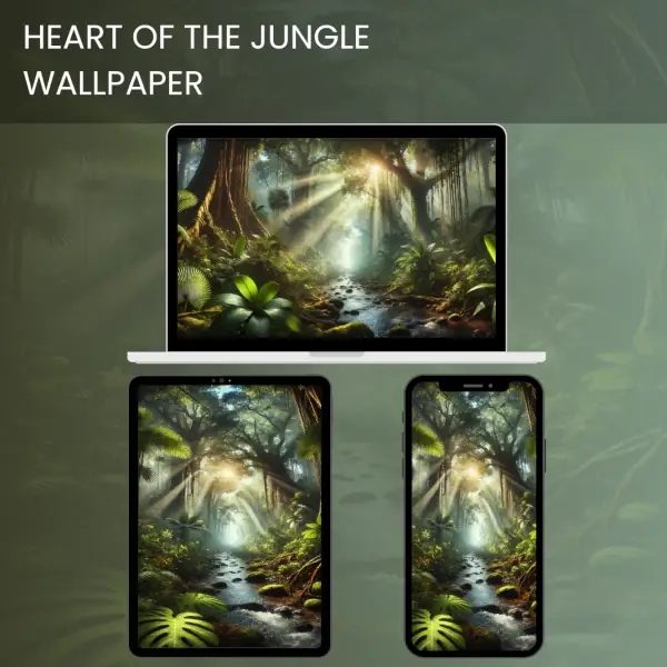 Heart of the jungle wallpaper with sunlight streaming through lush green rainforest trees and flowing stream 600x600v2