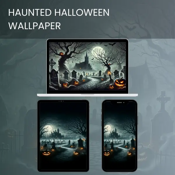 Spooky haunted Halloween wallpaper featuring a misty path, glowing jack-o'-lanterns, and a ghostly manor under a full moon.600v2