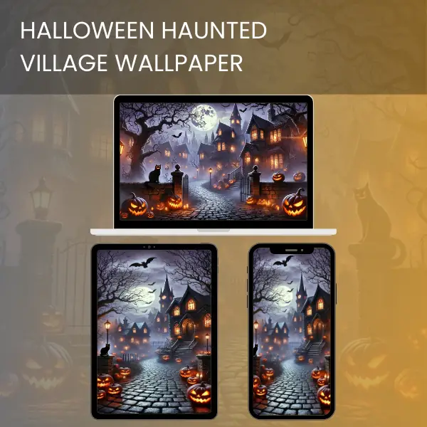 Halloween haunted village wallpaper with glowing pumpkins, a black cat, and a full moon illuminating eerie houses.600v2