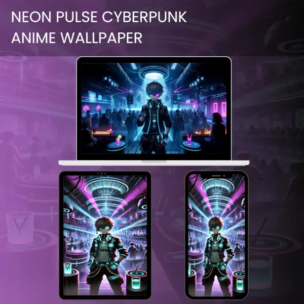 Neon cyberpunk anime wallpaper featuring a futuristic character in a vibrant nightclub with glowing neon lights.600x600v2