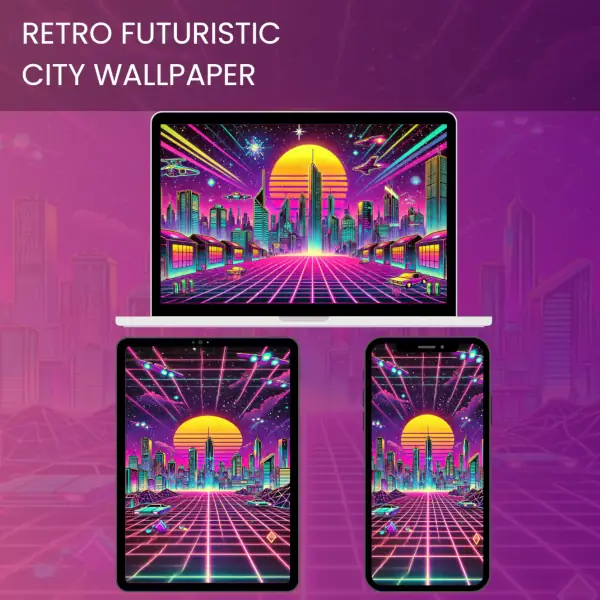 Retro futuristic city wallpaper with neon colors, 80s style skyline, and flying cars.600v2