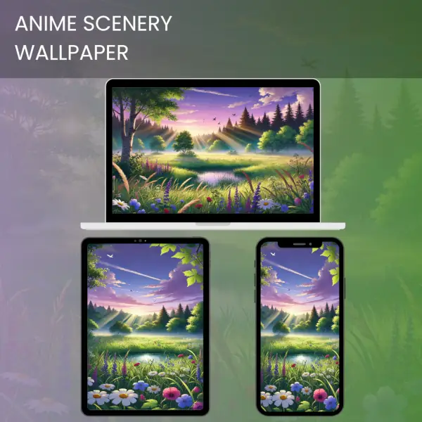 Serenity at Dawn anime scenery wallpaper with morning sunrays illuminating a vibrant meadow and forest backdrop.600v2