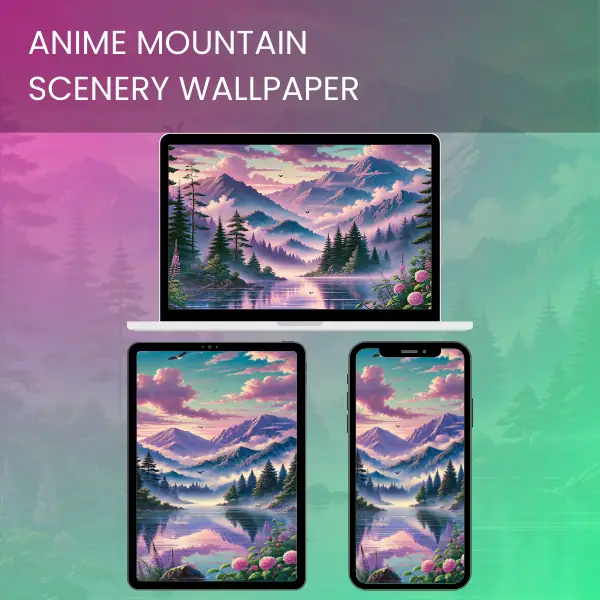 Serene dawn over misty mountains with pine trees and lake, anime-style scenery wallpaper.600v3