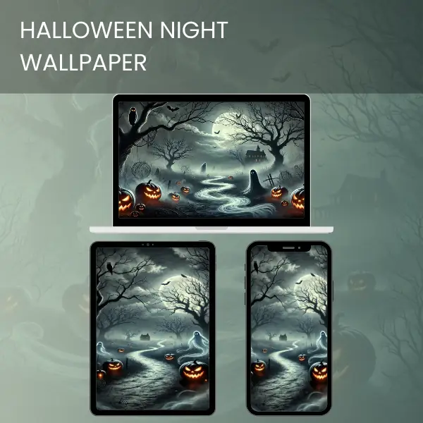 Halloween night wallpaper with glowing jack-o'-lanterns, eerie mist, haunted trees, and a ghostly figure under a full moon.Halloween night wallpaper with glowing jack-o'-lanterns, eerie mist, haunted trees, and a ghostly figure under a full moon.600v2