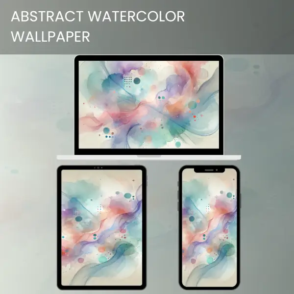 Abstract watercolor wallpaper with soft pastel swirls and geometric patterns titled "La serenidad en movimiento"600x600v2