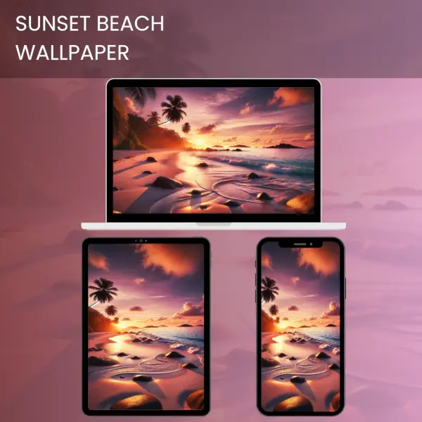 Sunset beach wallpaper with palm trees and waves at golden hour.600v2