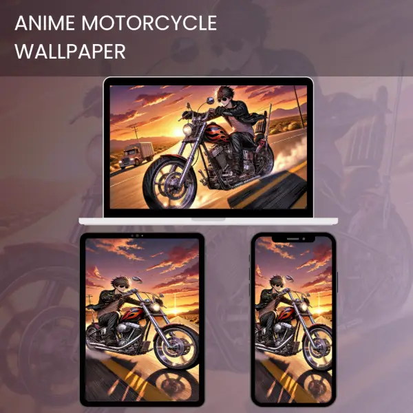 Anime motorcycle wallpaper with a cool rider at sunset on an open road.600v2
