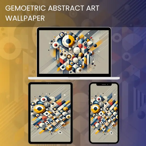 Geometric abstract art wallpaper featuring a fusion of colorful shapes and dynamic patterns.600v2