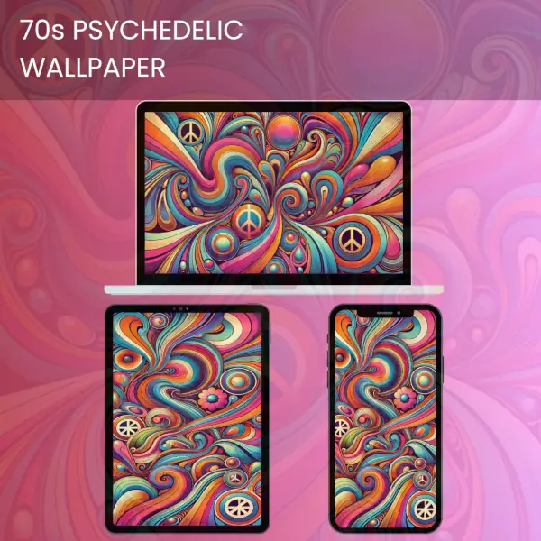 Vibrant 70s psychedelic wallpaper with swirling retro colors and peace symbols.600v2