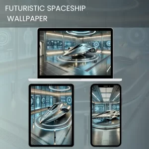 A sleek futuristic spaceship in a high-tech hangar with holographic displays, perfect as a sci-fi wallpaper.600
