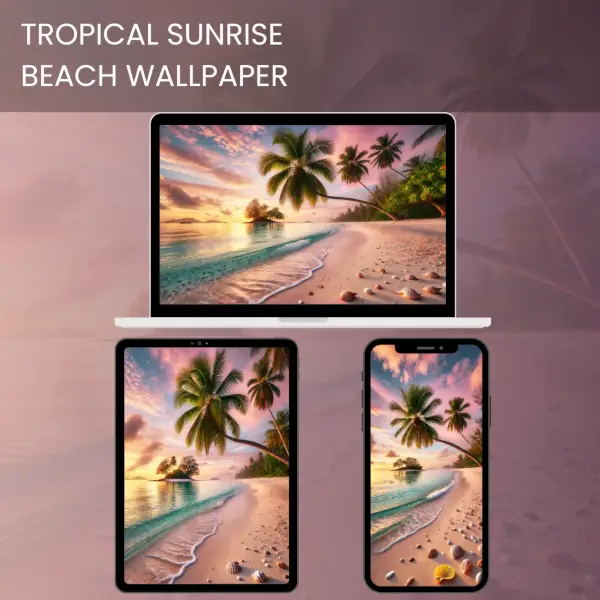 A breathtaking tropical sunrise beach wallpaper featuring golden sands, turquoise waves, palm trees, and a colorful sky, perfect for nature lovers.600