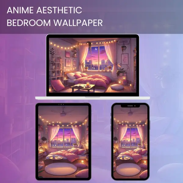 Anime aesthetic bedroom wallpaper featuring a cozy twilight scene with soft lighting and city view.600v2