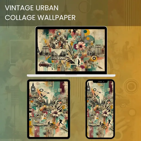 Vintage urban collage wallpaper with Parisian elements, flowers, classic car, and camera in a mixed-media style.600