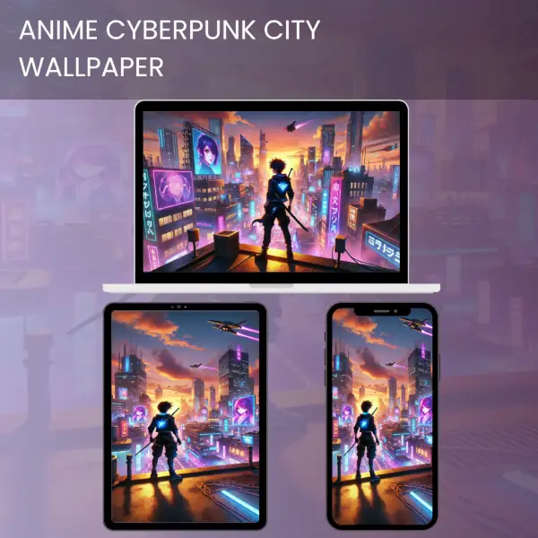Anime cyberpunk city wallpaper featuring a lone warrior with a sword overlooking a neon-lit futuristic cityscape at sunset. 600x600v2