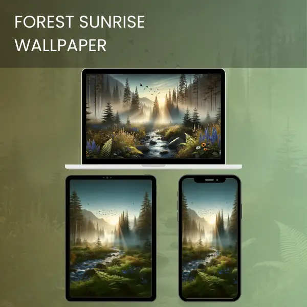 Forest sunrise wallpaper with morning mist, sunbeams through trees, and a tranquil stream surrounded by wildflowers.600v2