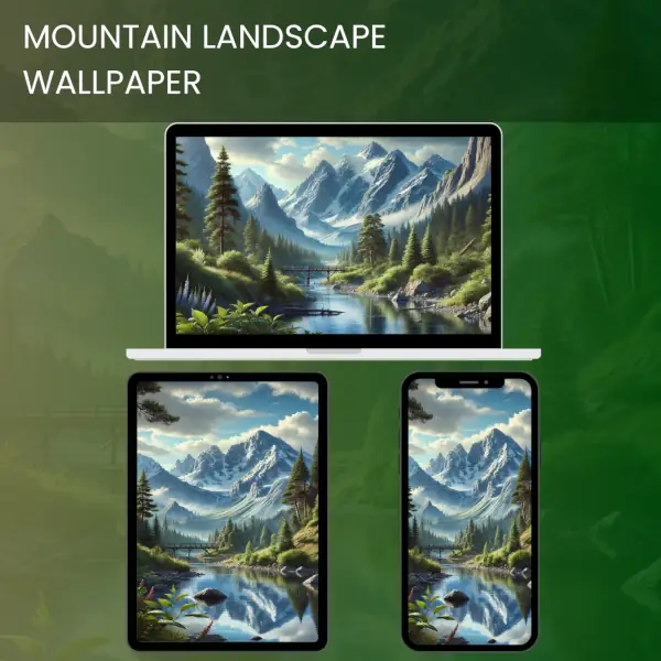Mountain landscape wallpaper with snow-covered peaks, lush pine forests, and a serene river crossing under a wooden bridge.600v2