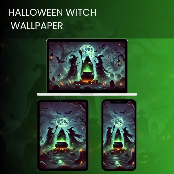 Halloween witch wallpaper featuring a spooky midnight ritual with three witches around a glowing cauldron under a full moon.600v2