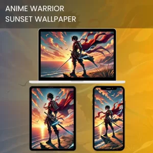 A striking anime warrior standing on a cliff at sunset, with vibrant skies and an ocean view, perfect for a dramatic anime wallpaper.600