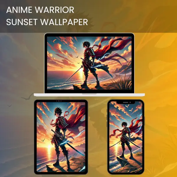 A striking anime warrior standing on a cliff at sunset, with vibrant skies and an ocean view, perfect for a dramatic anime wallpaper.600