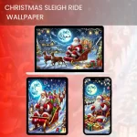 Christmas sleigh ride wallpaper featuring Santa Claus on his sleigh with reindeer under a snowy night sky.600