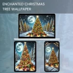 Enchanted Christmas tree with glowing lights, ornaments, and presents under a snowy night sky with a full moon.600