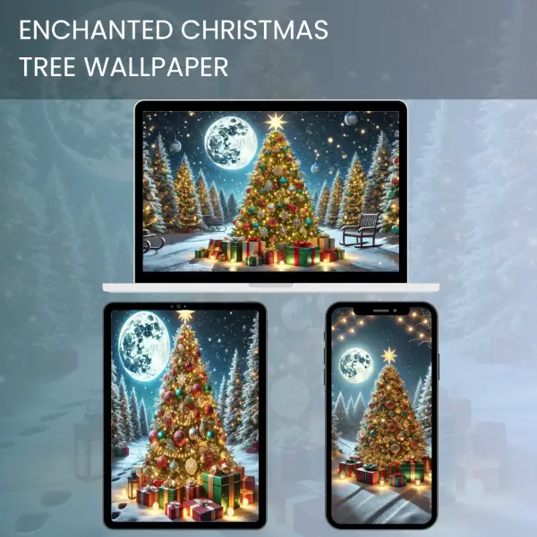 Enchanted Christmas tree with glowing lights, ornaments, and presents under a snowy night sky with a full moon.600