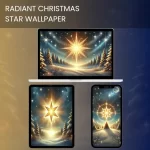 A radiant Christmas star shining brightly in a snowy forest, surrounded by glowing Christmas trees.600