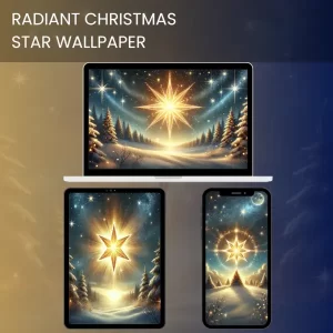 A radiant Christmas star shining brightly in a snowy forest, surrounded by glowing Christmas trees.600
